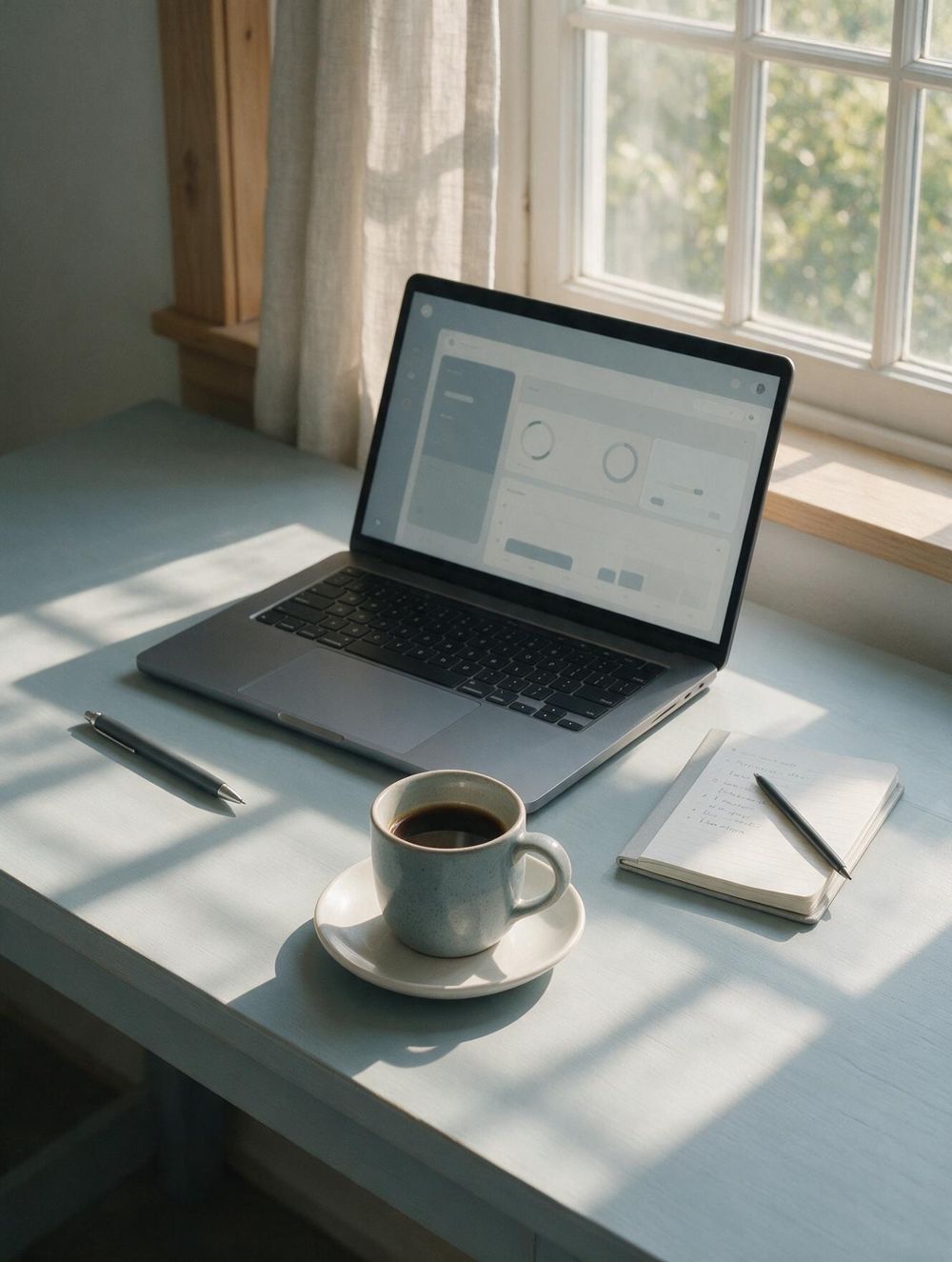 Aufgeräumter Schreibtisch mit Laptop, auf dem eine einfache Auswertung zu sehen ist