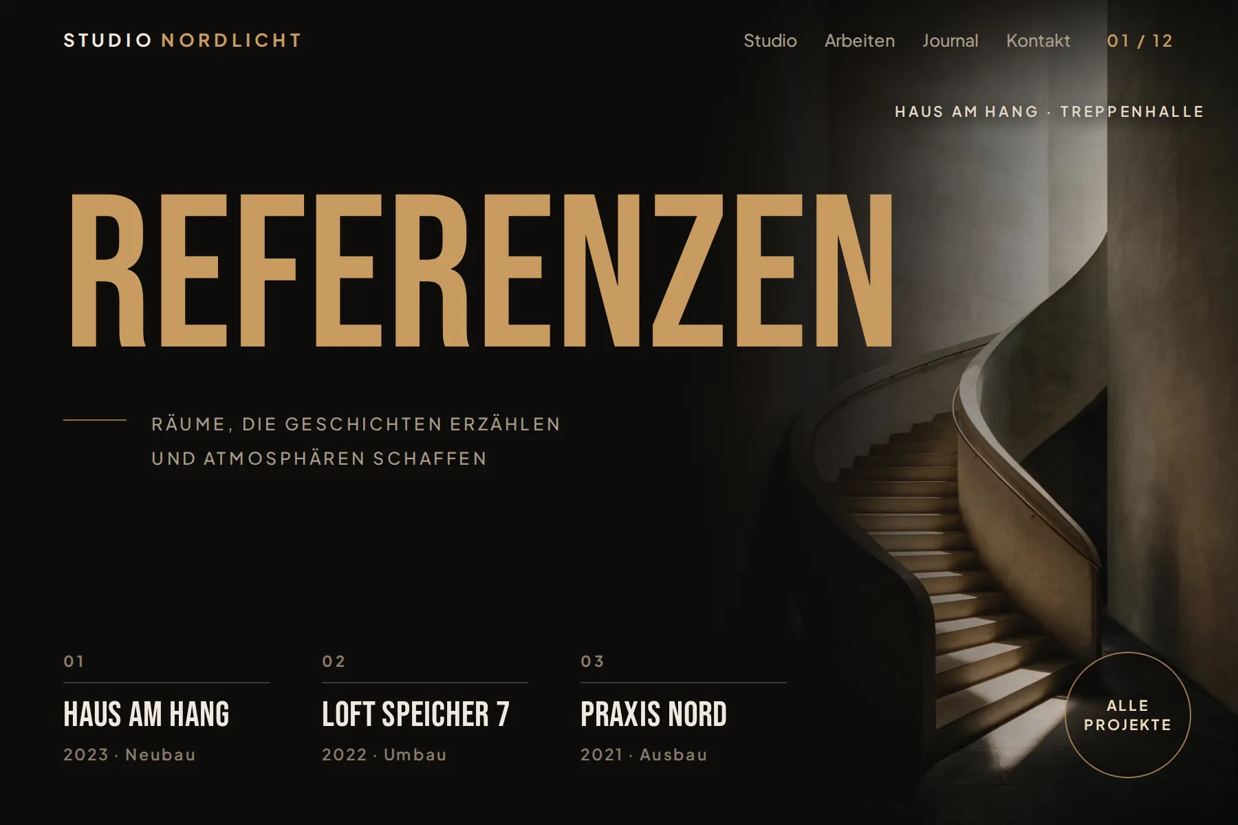 Beispielentwurf der Referenzseite eines Innenarchitekturbüros mit großer Überschrift und Projektliste