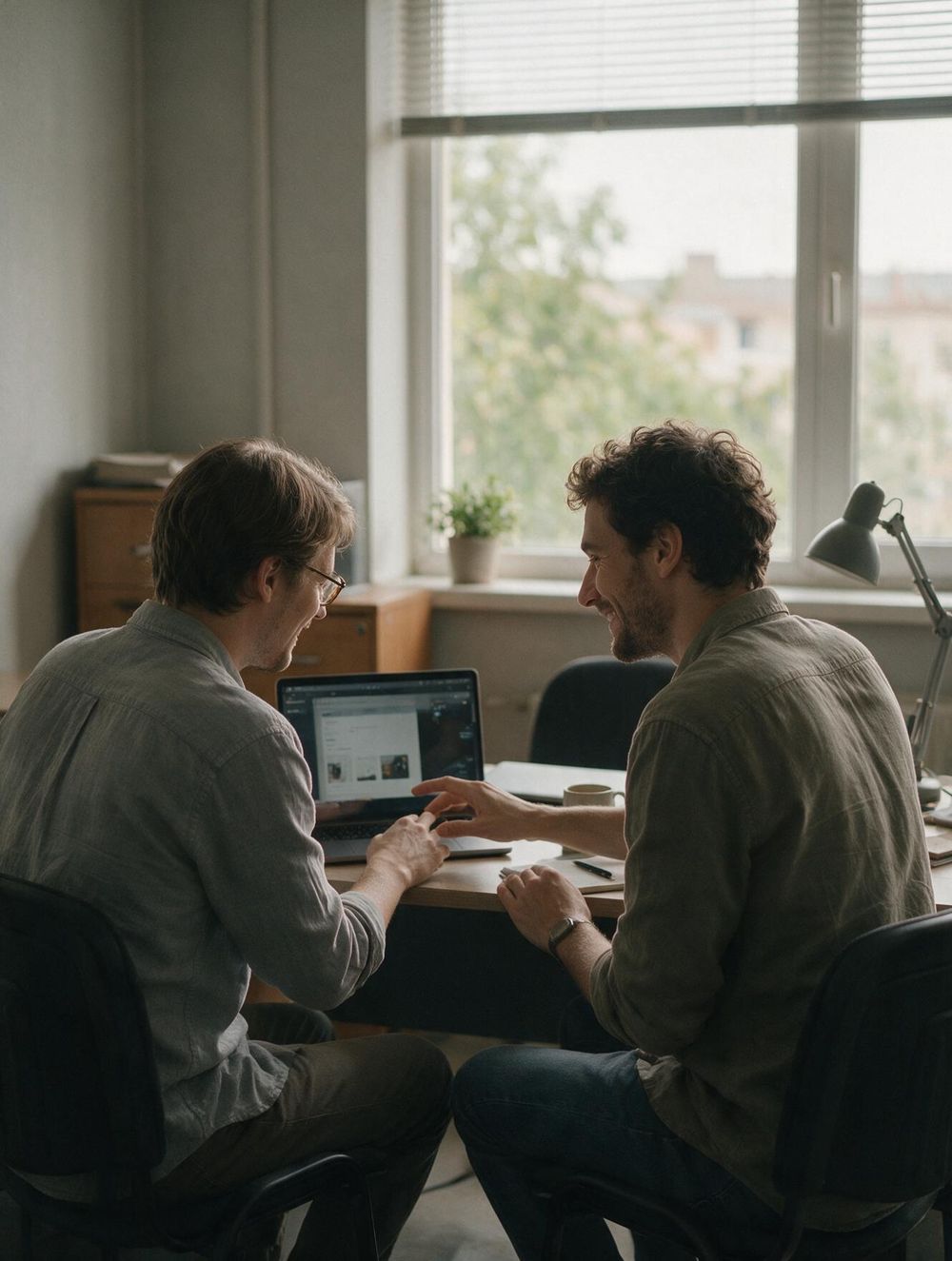Zwei Kollegen sitzen im Büro nebeneinander und arbeiten gemeinsam am Laptop
