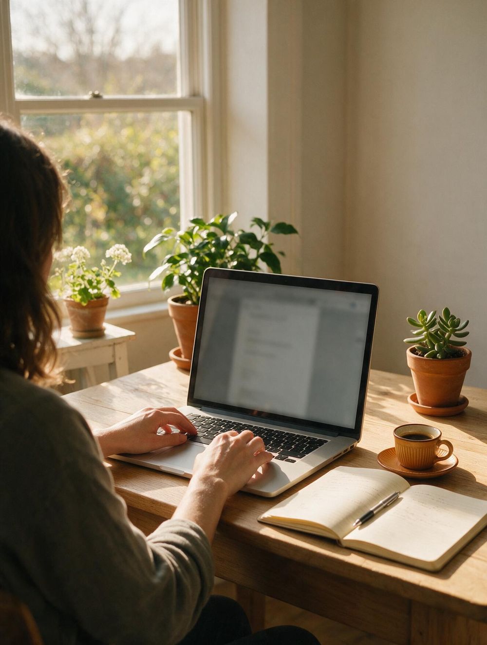 Person arbeitet konzentriert am Schreibtisch an Texten für eine Website