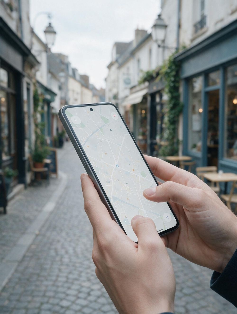 Jemand sucht auf dem Smartphone nach einem Betrieb in der Innenstadt