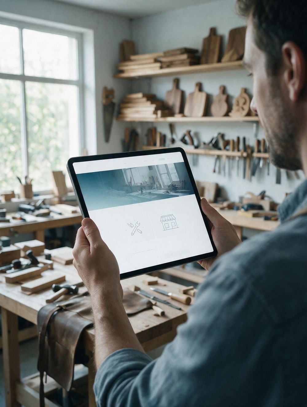 Handwerker sieht sich auf einem Tablet seine neue Website an