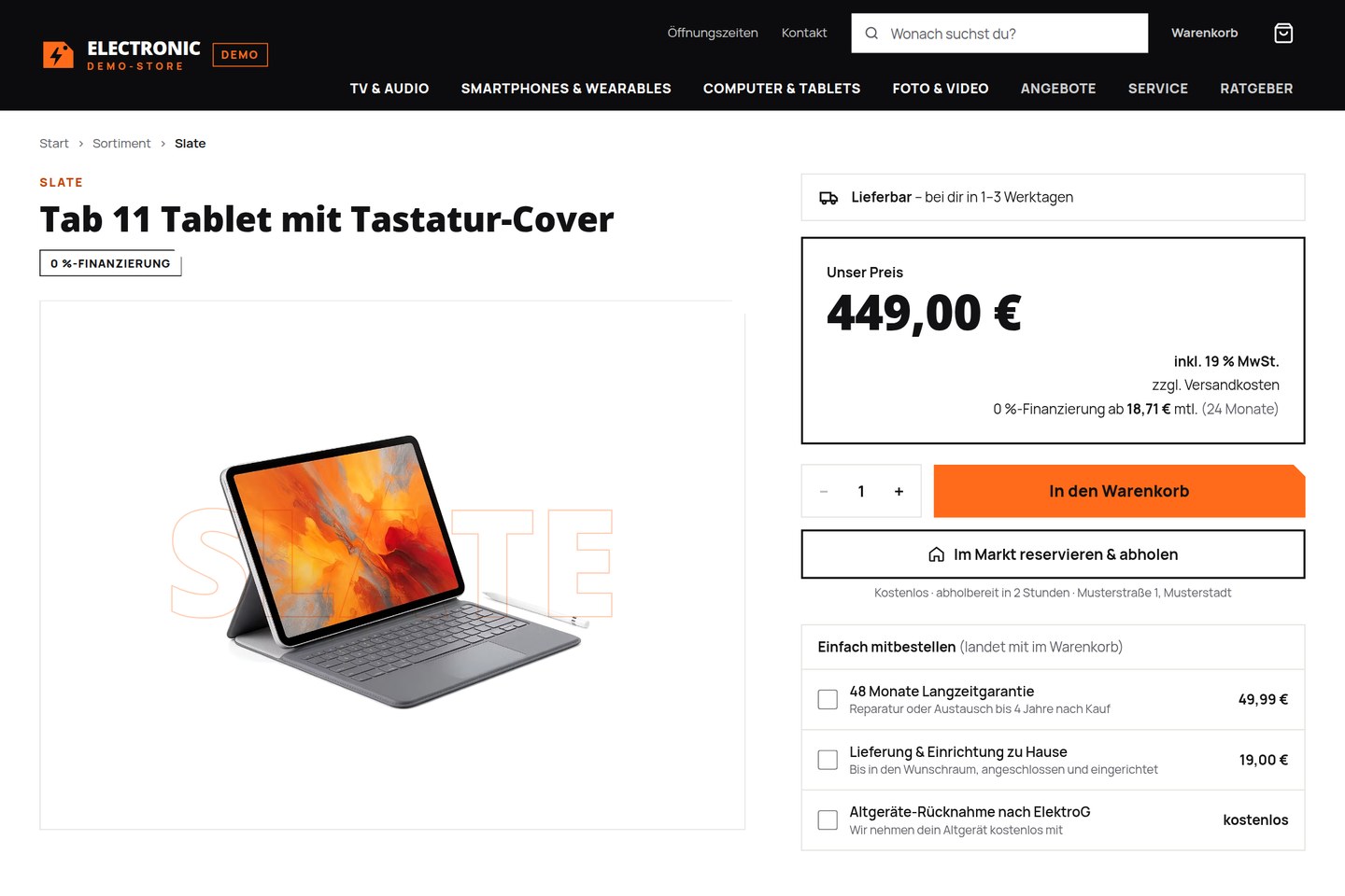 Artikelseite des Tab 11 mit Preis, Finanzierung, Abholung im Markt und Zusatzleistungen zum Mitbestellen