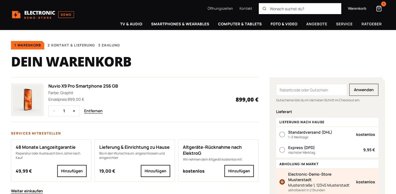 Warenkorb mit vorgewählter Abholung im Markt, daneben Standardversand und Express