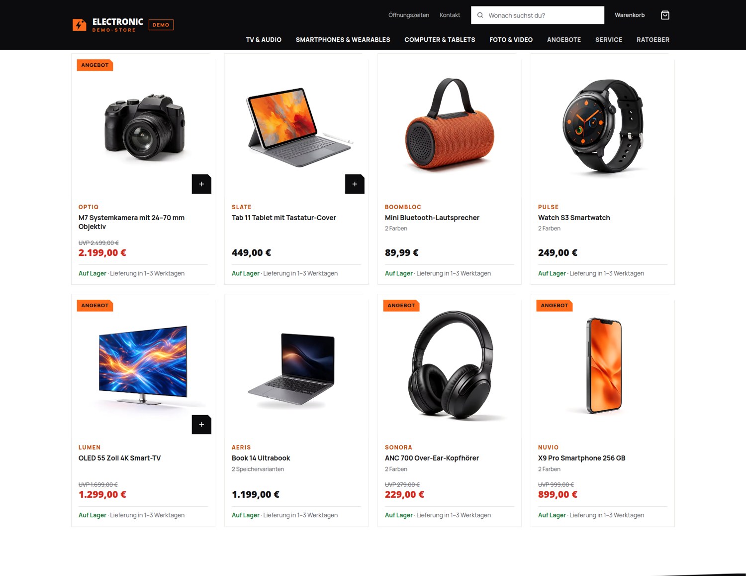 Onlineshop erstellen lassen: Sortiment des Electronic-Demo-Store mit acht Produkten, Preisen, Varianten und Lieferzeit