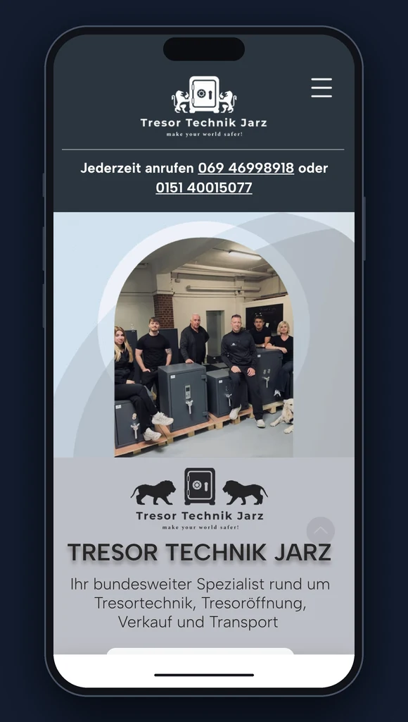 Mobilansicht der Website von Tresortechnik Jarz