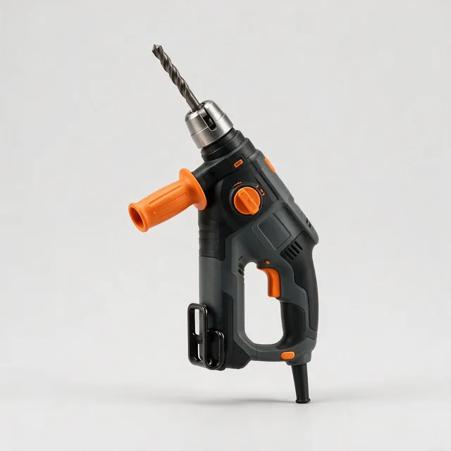 Bohrhammer mit orangefarbenem Zusatzgriff und eingesetztem Bohrer